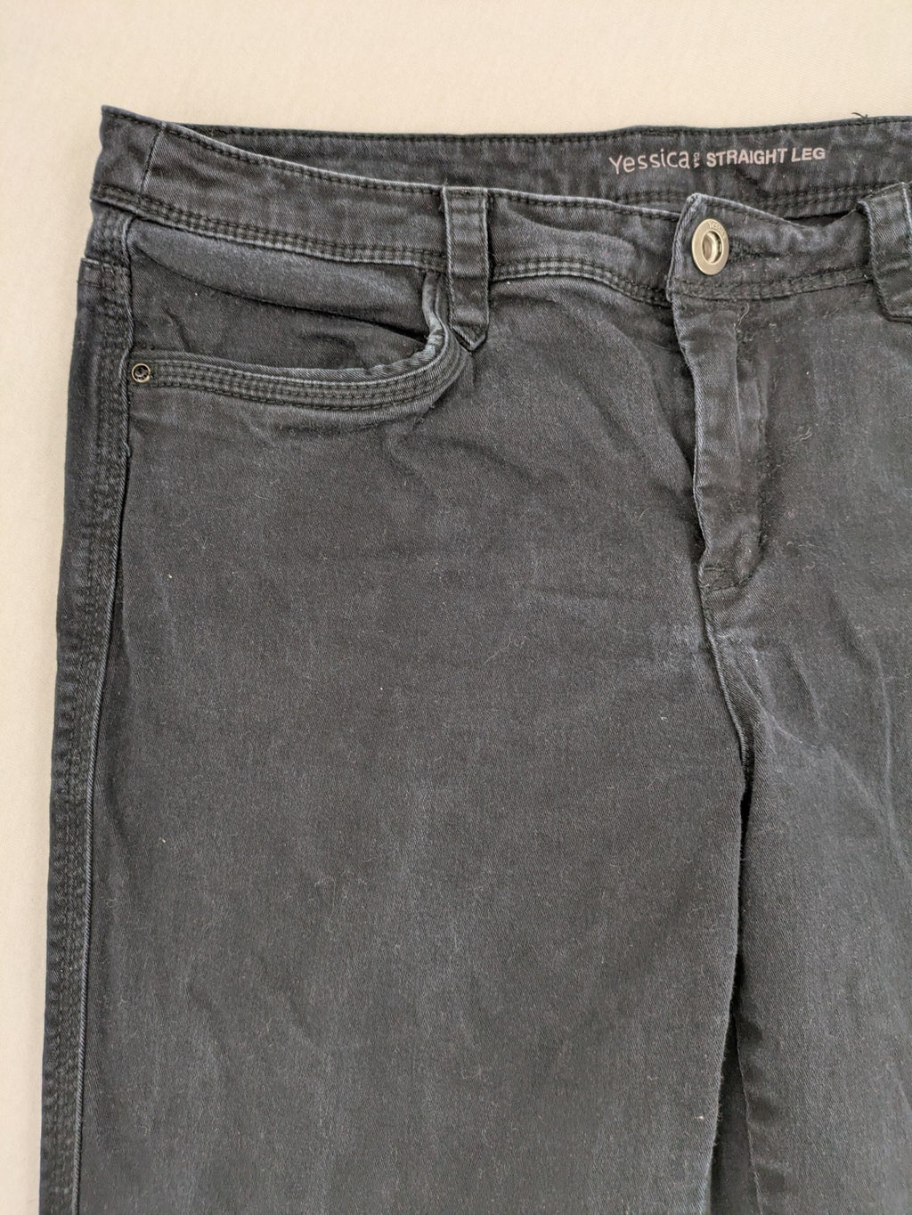 Yessica black straight leg jeans 5-pocket design cotton blend with stretch.