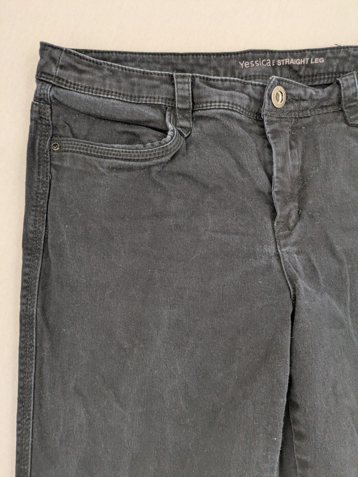 Yessica black straight leg jeans 5-pocket design cotton blend with stretch.