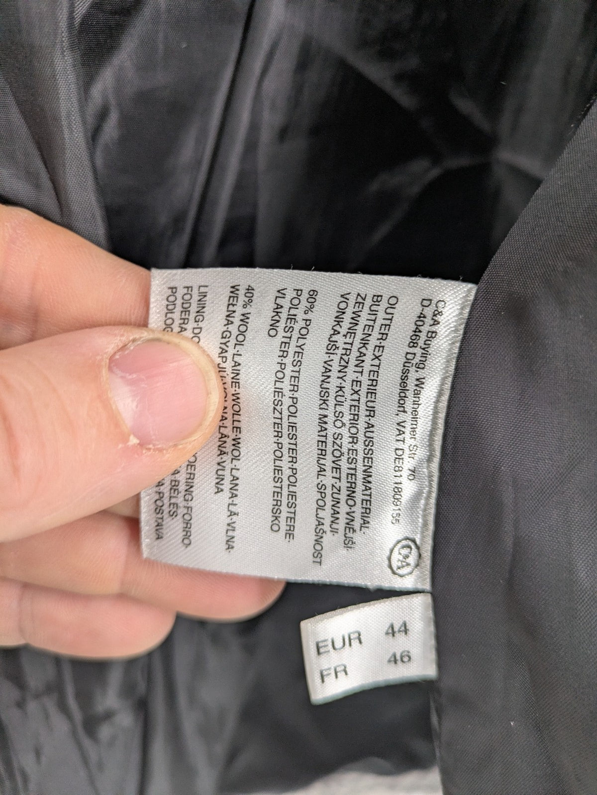 C&A grey jacket wool blend with hood, full zip, modern design, zip pockets.