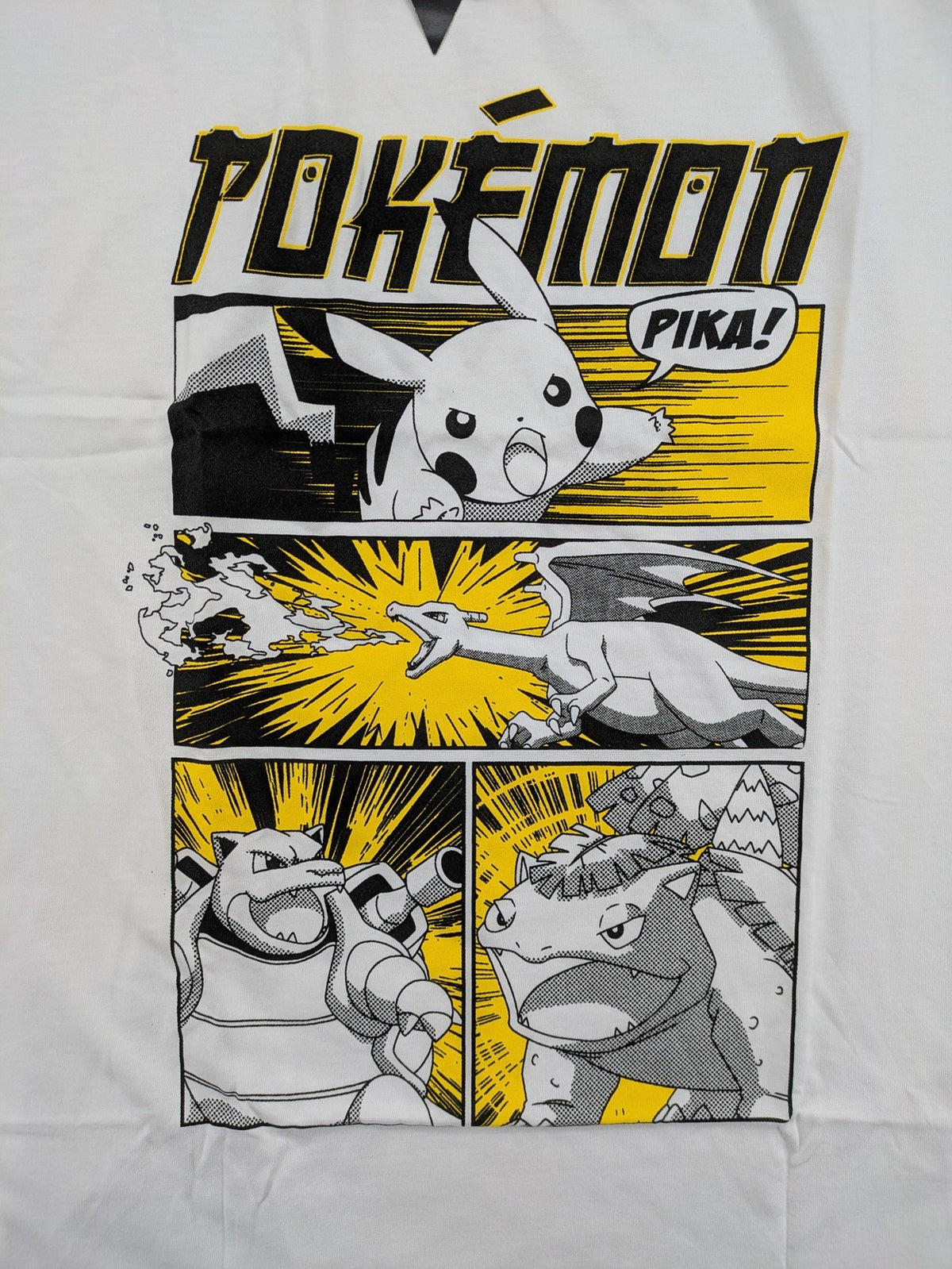 Pokemon graphic t-shirt white comic print featuring Pikachu, Charizard, Blastoise, Venusaur.