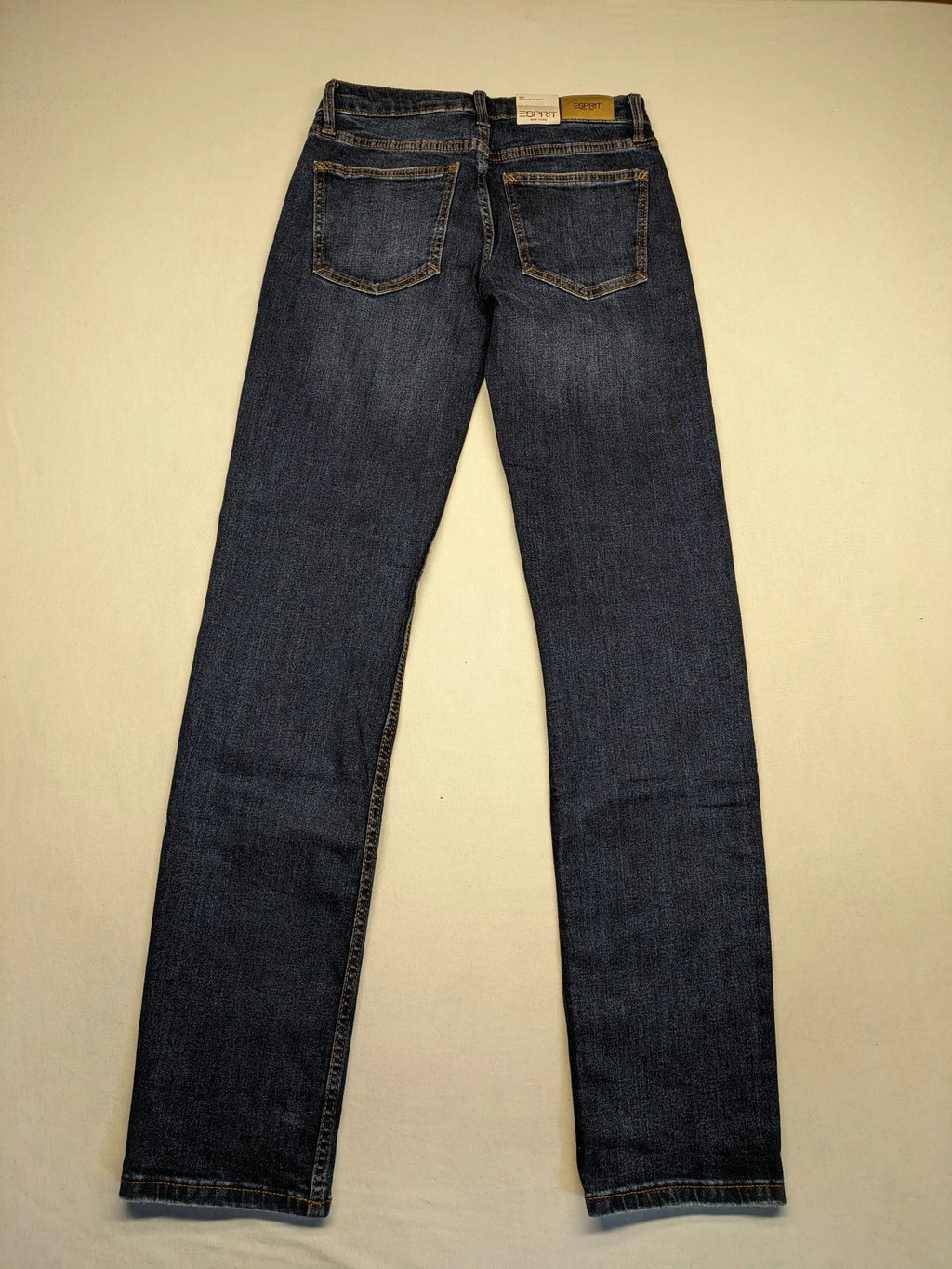 Esprit blue straight leg jeans mid rise 5-pocket design with zipper, dark wash.