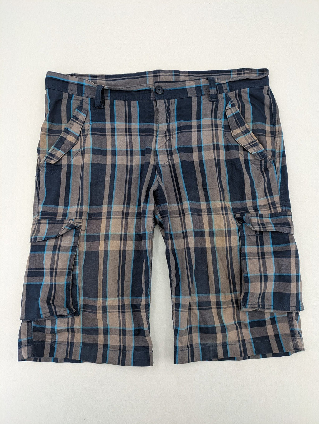 bpc bonprix collection multi cargo shorts blue-grey check pattern with utility pockets