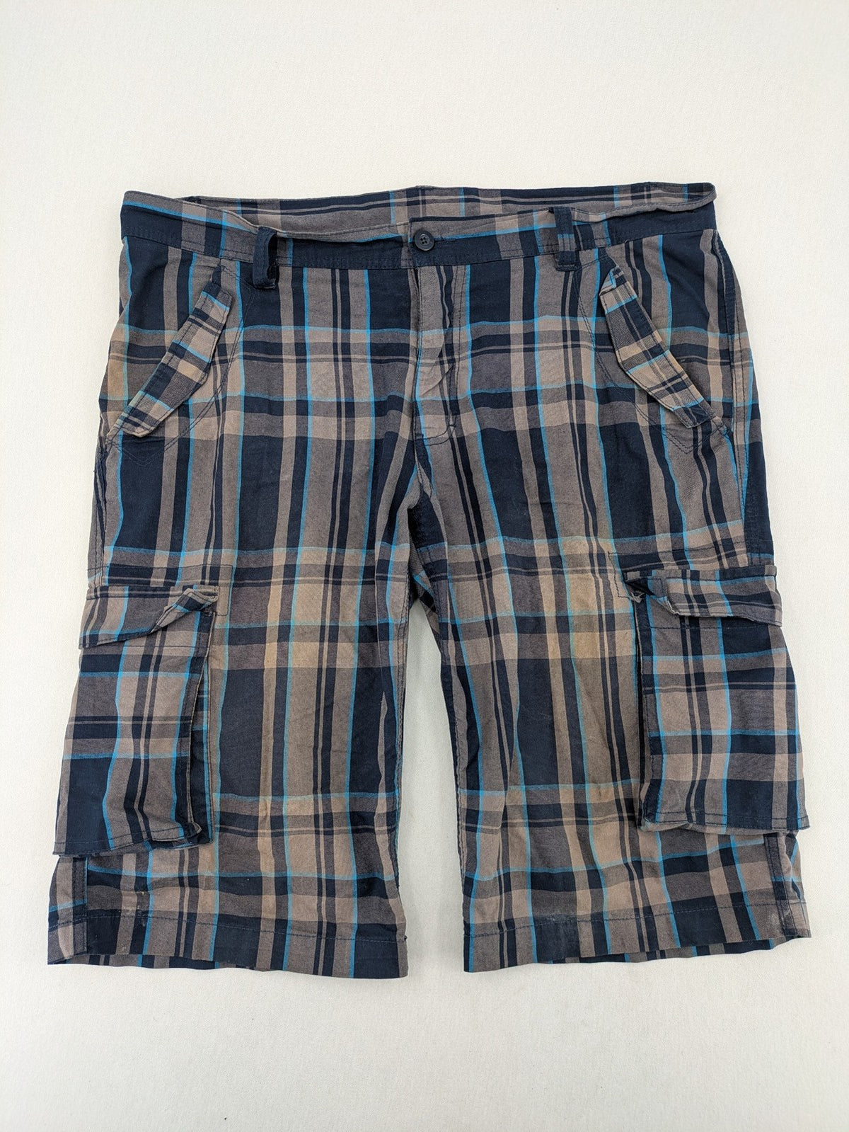 bpc bonprix collection multi cargo shorts blue-grey check pattern with utility pockets