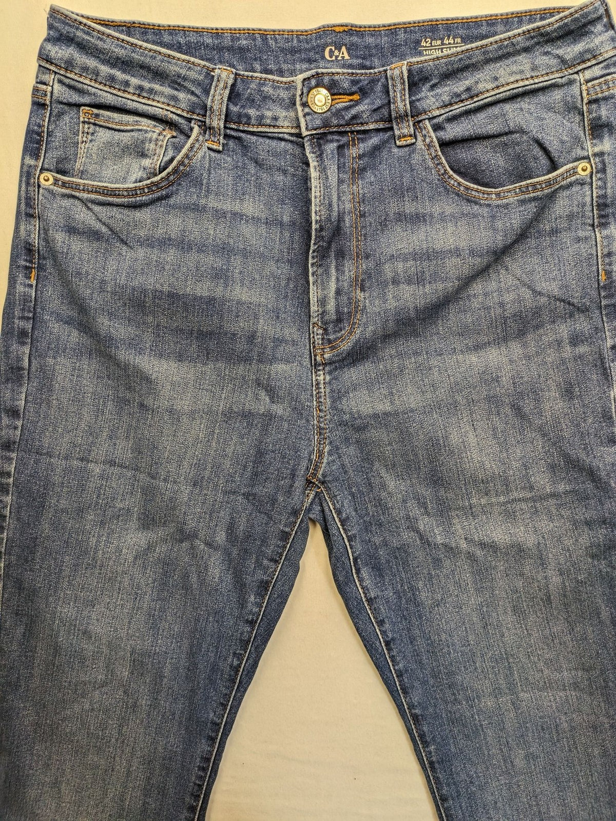 C&A blue high slim straight jeans with high waist, classic 5-pocket design, stretch denim.