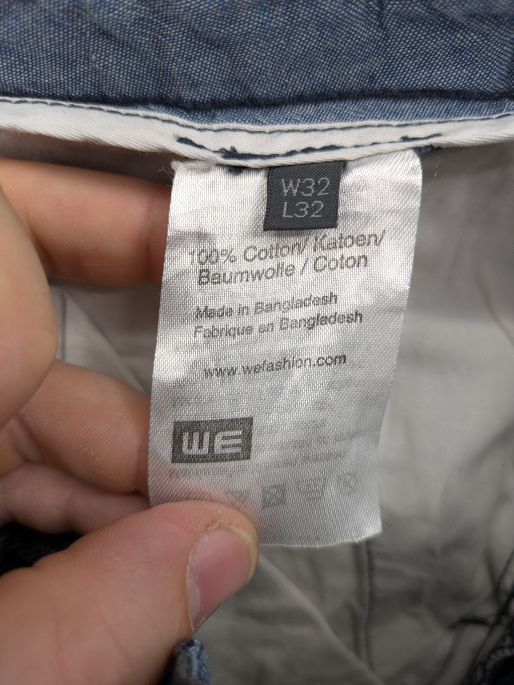 WE grey straight leg chinos 100% cotton button fly with unique brand buttons