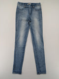 Miss Bonbon blue skinny jeans jeggings with elastic pull-on waistband and light wash.