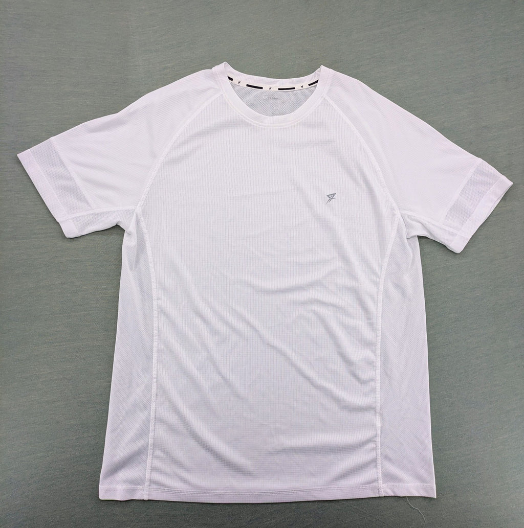 Smilodox white workout t-shirt with logo on chest and reflective detail on back.