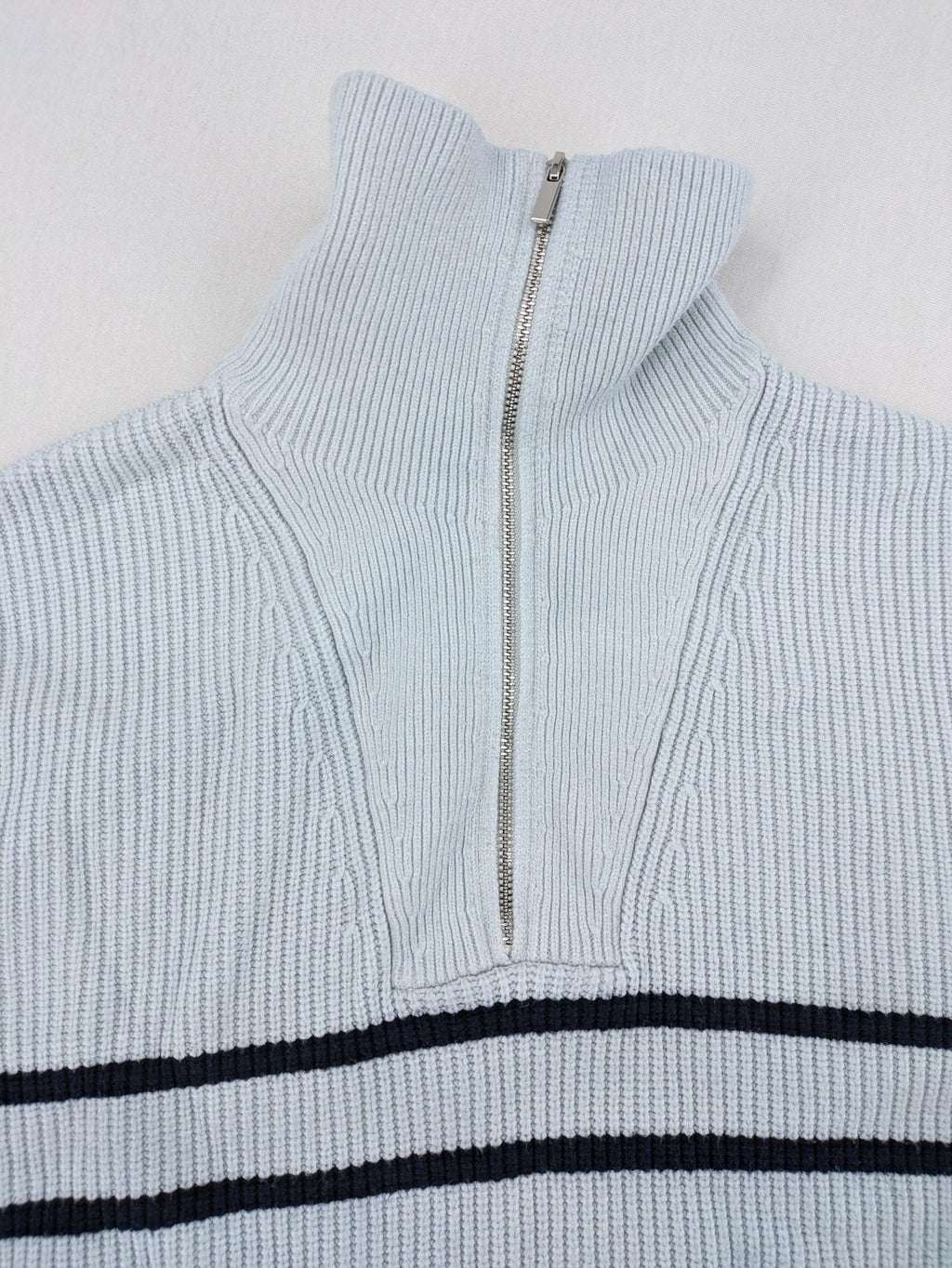 MNG blue striped turtle neck jumper with quarter zip and ribbed texture.