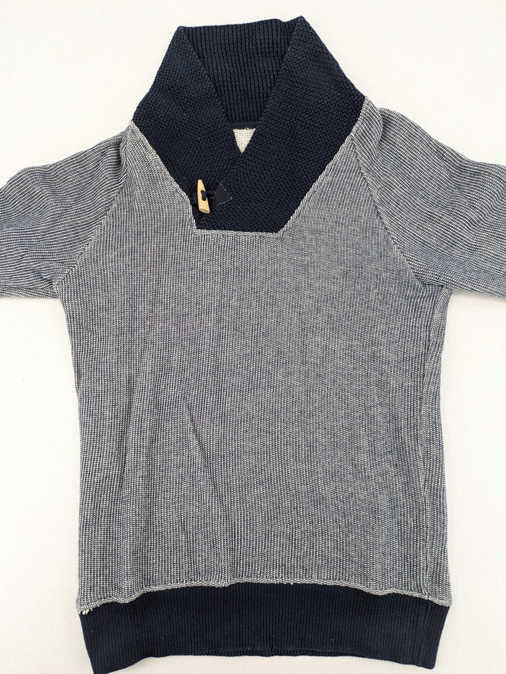 Zara Man multi striped turtle neck jumper with dark blue knit collar and wooden toggle.