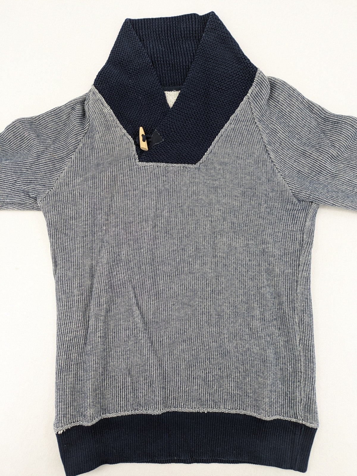 Zara Man multi striped turtle neck jumper with dark blue knit collar and wooden toggle.