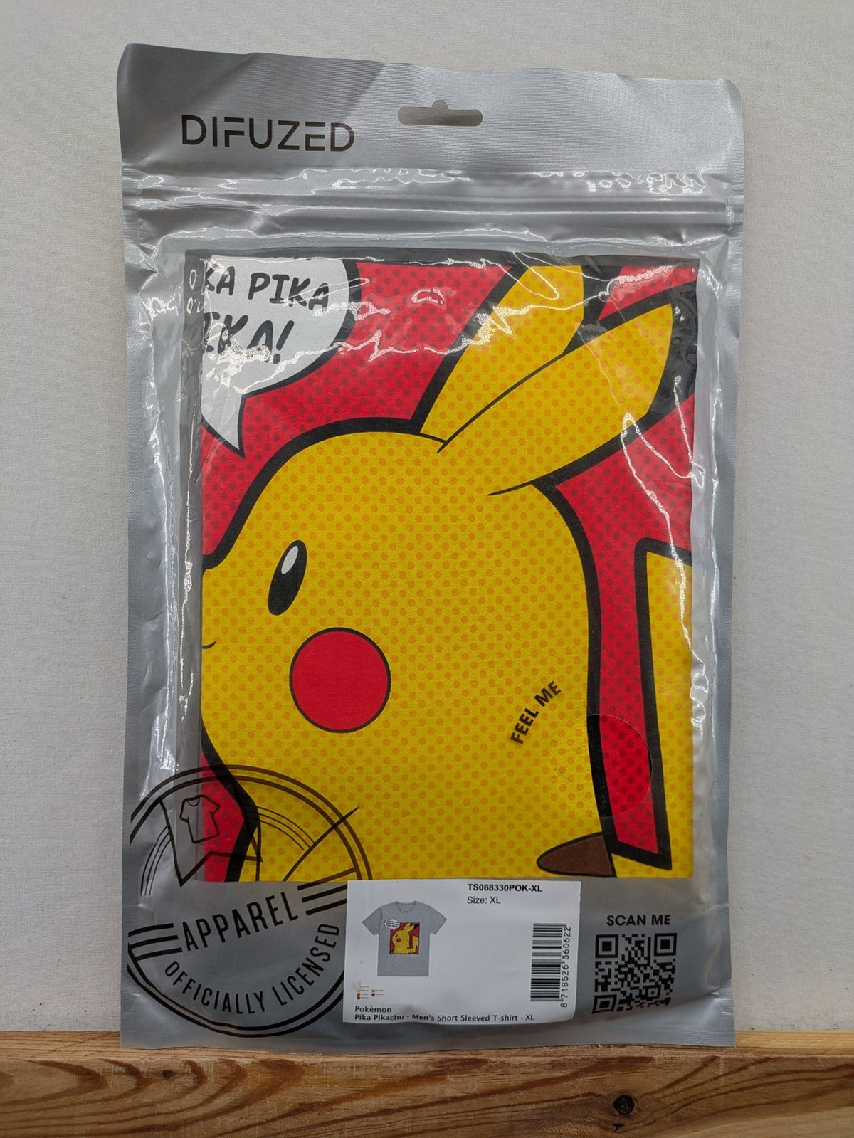 Difuzed Pokémon Pikachu graphic t-shirt grey, vibrant comic-style Pikachu design.