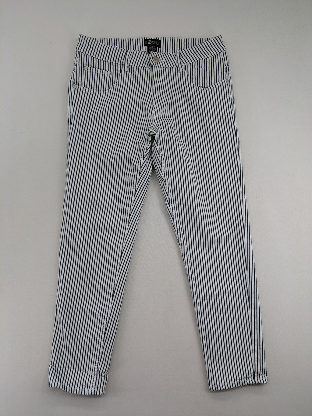 UP2FASHION blue and white striped straight jeans with five-pocket style and cotton stretch material.
