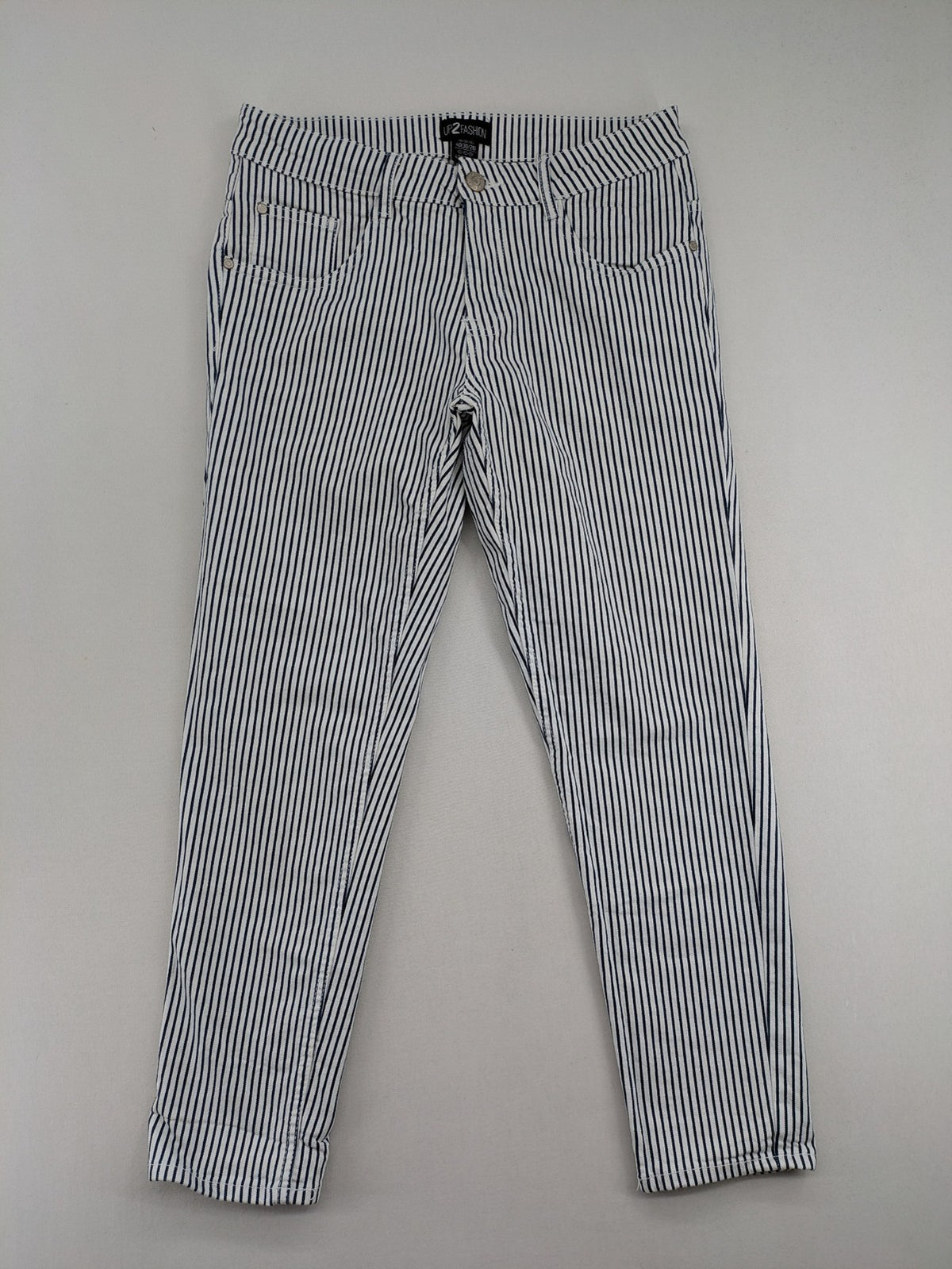 UP2FASHION blue and white striped straight jeans with five-pocket style and cotton stretch material.