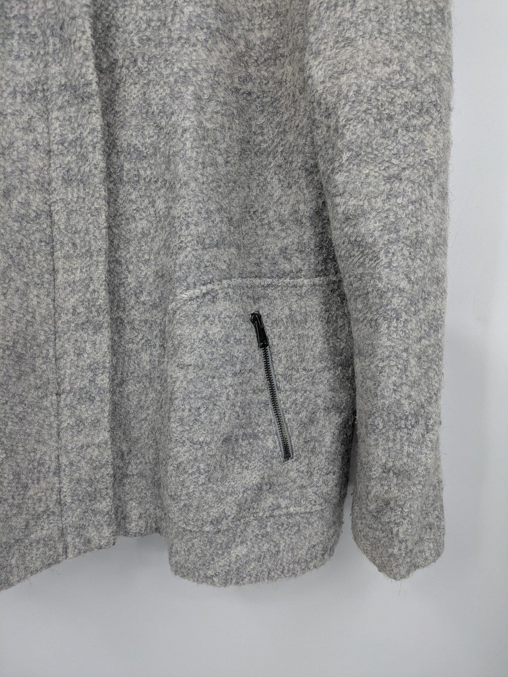 C&A grey jacket wool blend with hood, full zip, modern design, zip pockets.