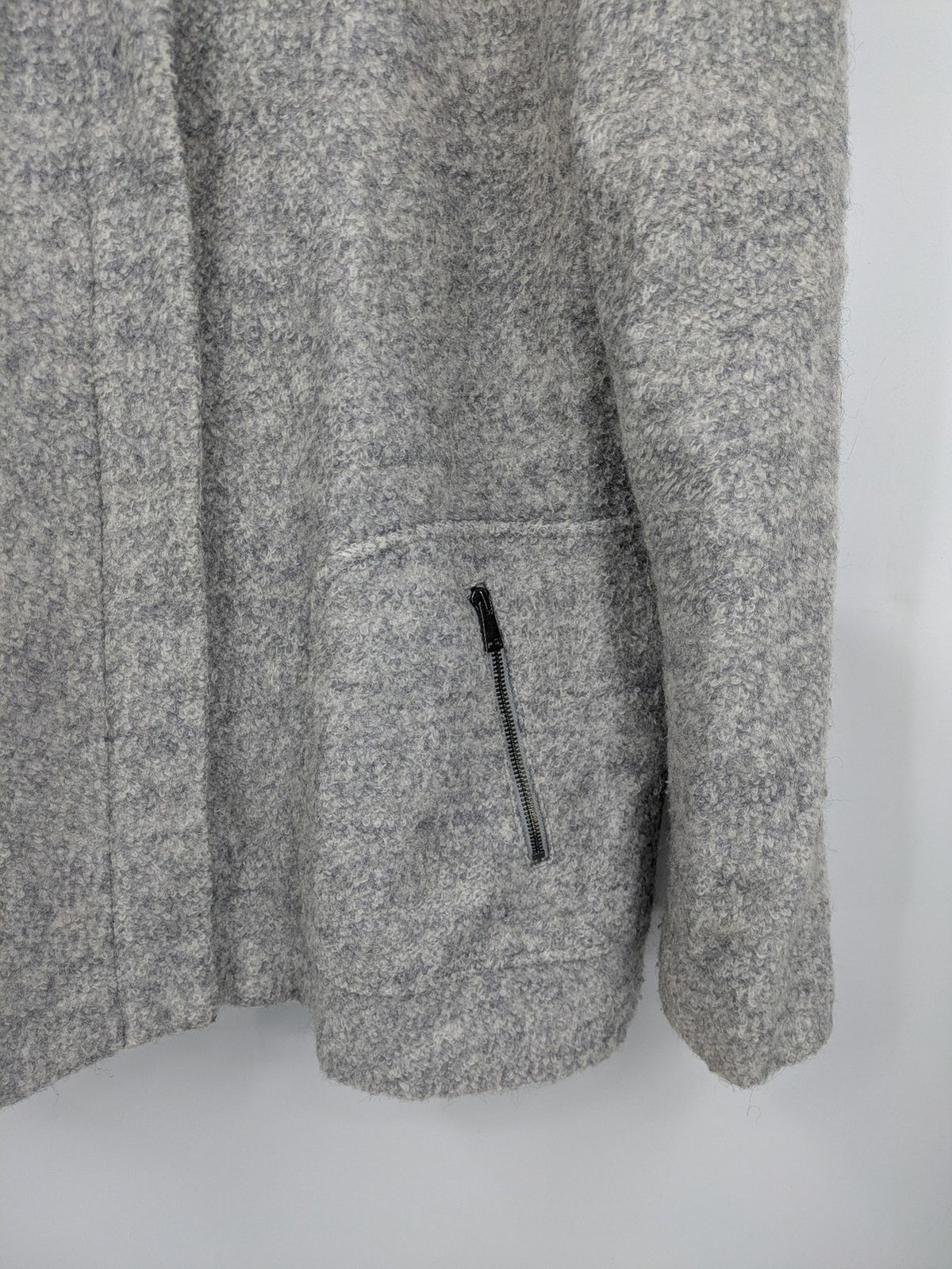 C&A grey jacket wool blend with hood, full zip, modern design, zip pockets.