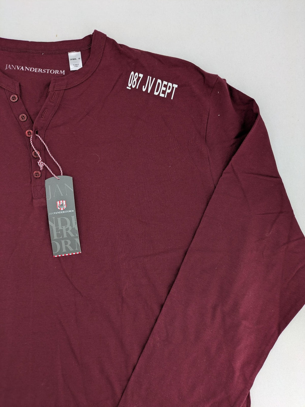 Jan Vanderstorm burgundy Henley shirt with button placket and "087 JV DEPT" graphic print.