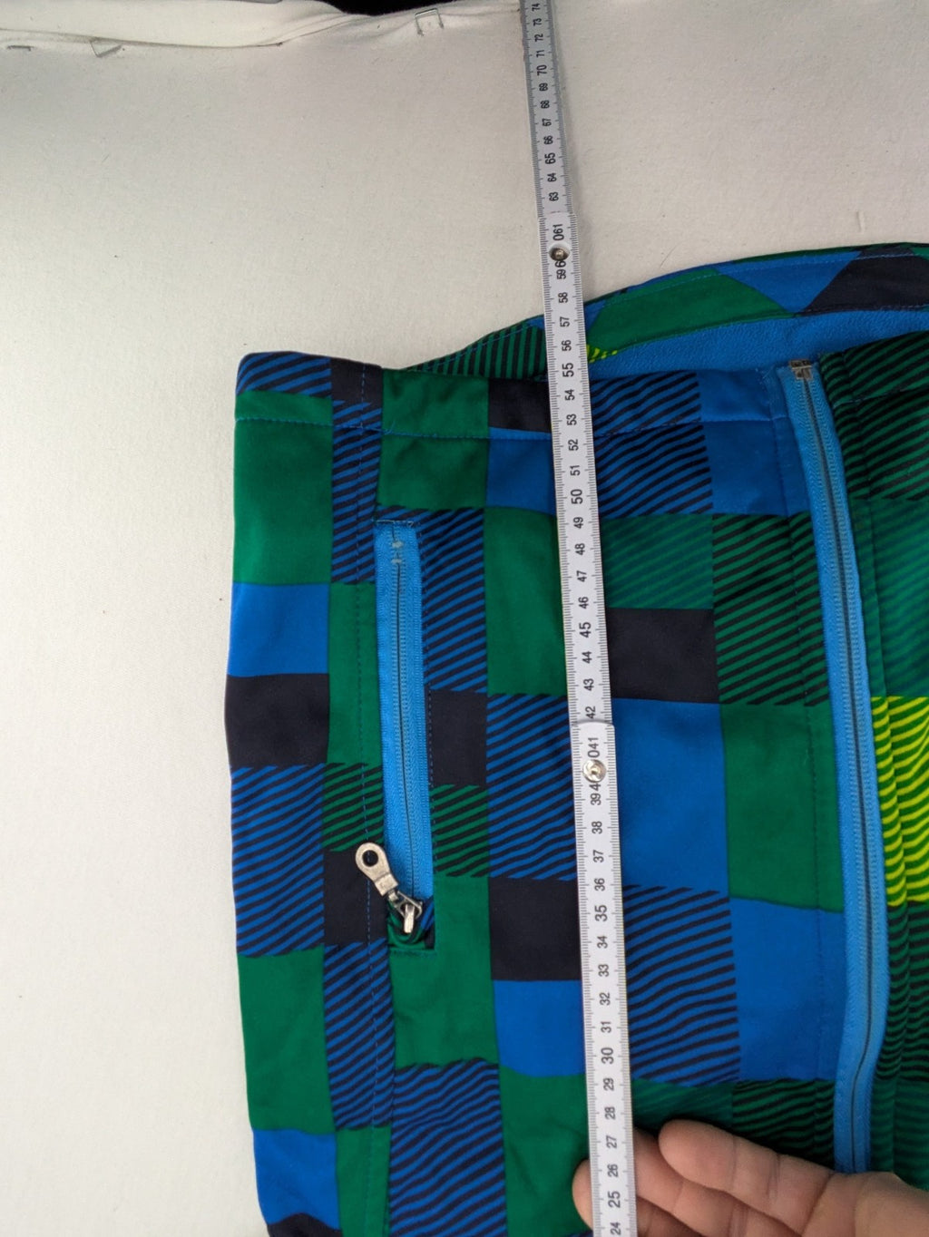 Pepperts multi softshell jacket plaid pattern blue green black, fleece lined, hooded.