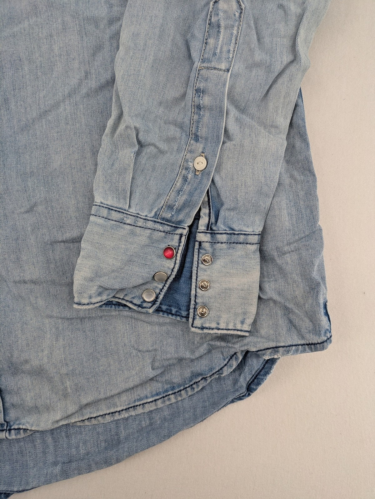 Replay denim western shirt light blue with pearl snap buttons and iconic yoke design.