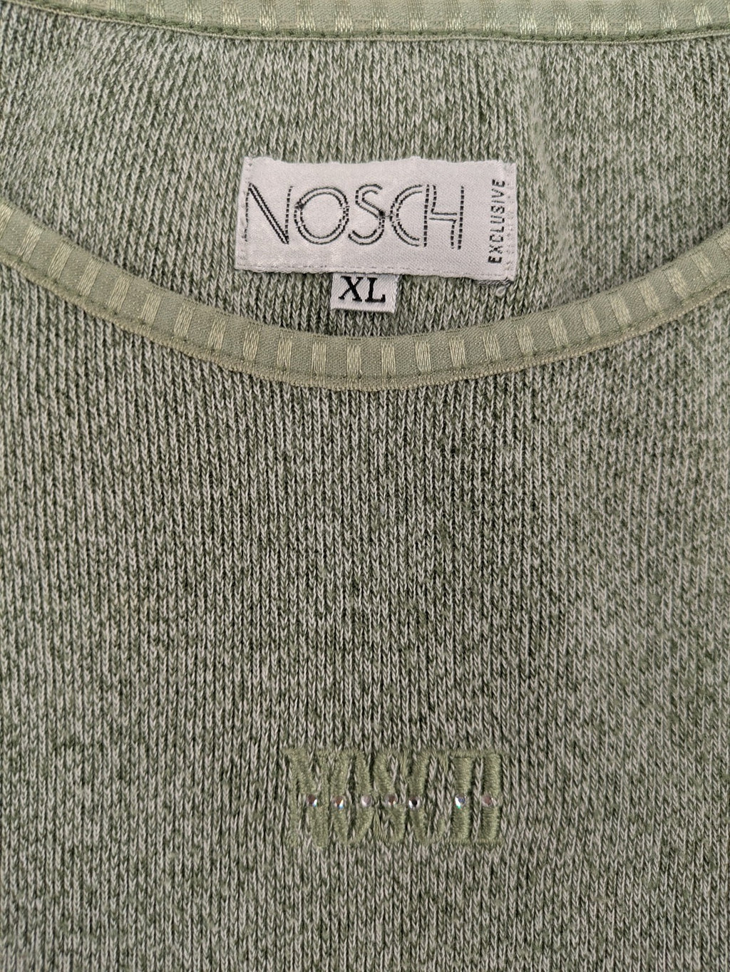 NOSCH knit jumper grey textured fabric with embroidered logo and subtle rhinestone accents.