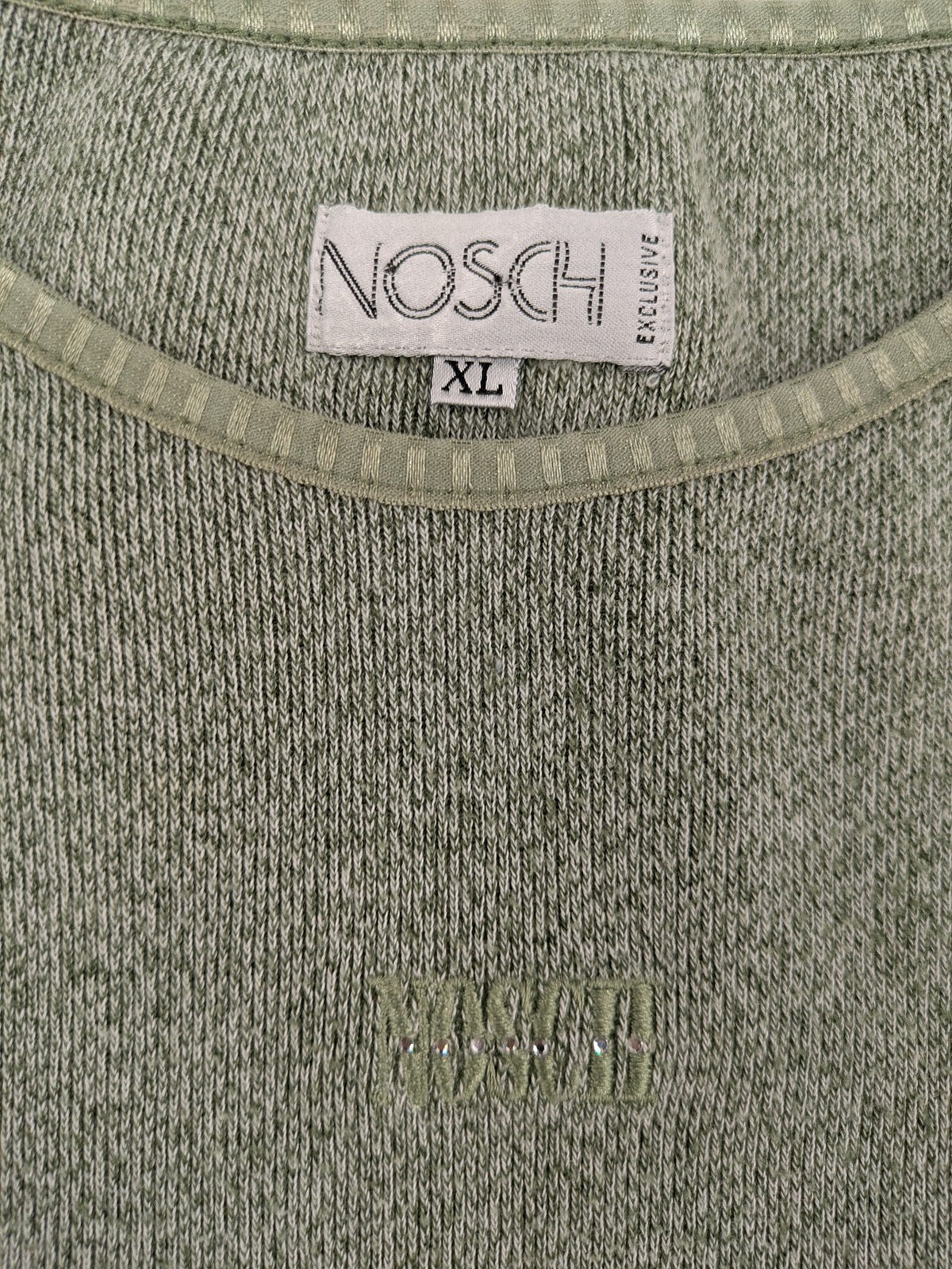NOSCH knit jumper grey textured fabric with embroidered logo and subtle rhinestone accents.