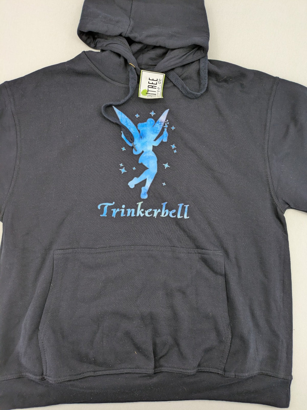 Trinkerbell black zip-through hoodie with blue graphic and adjustable drawstring hood.
