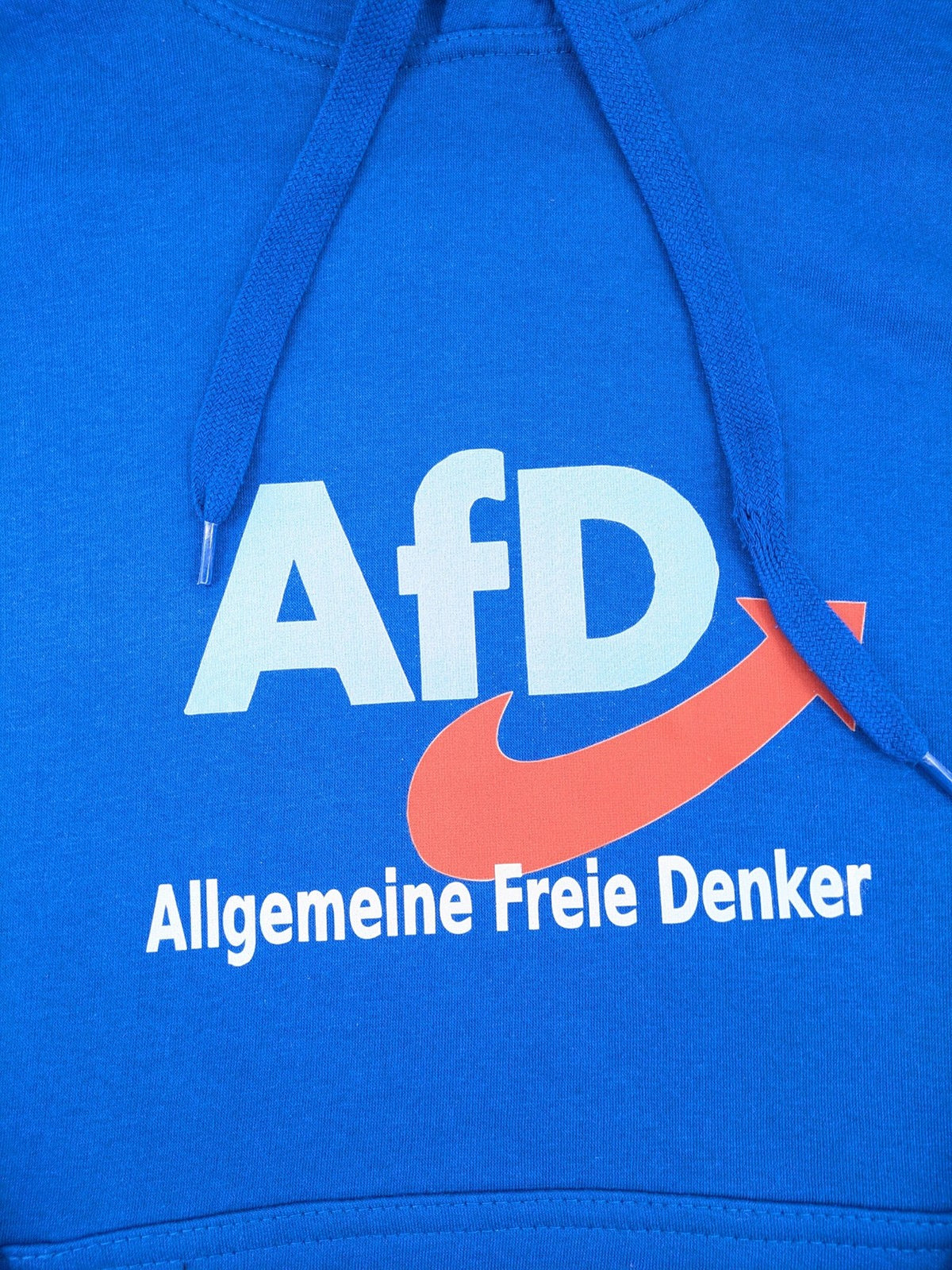 AFD blue pullover hoodie with "AfD Allgemeine Freie Denker" graphic print and kangaroo pocket.