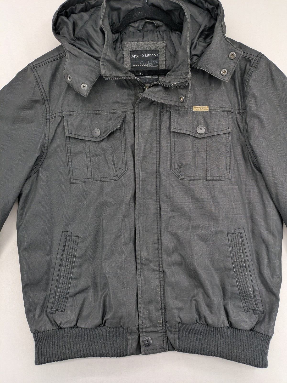 Angelo Litrico grey pilot jacket with removable hood, zip closure, and multiple pockets.