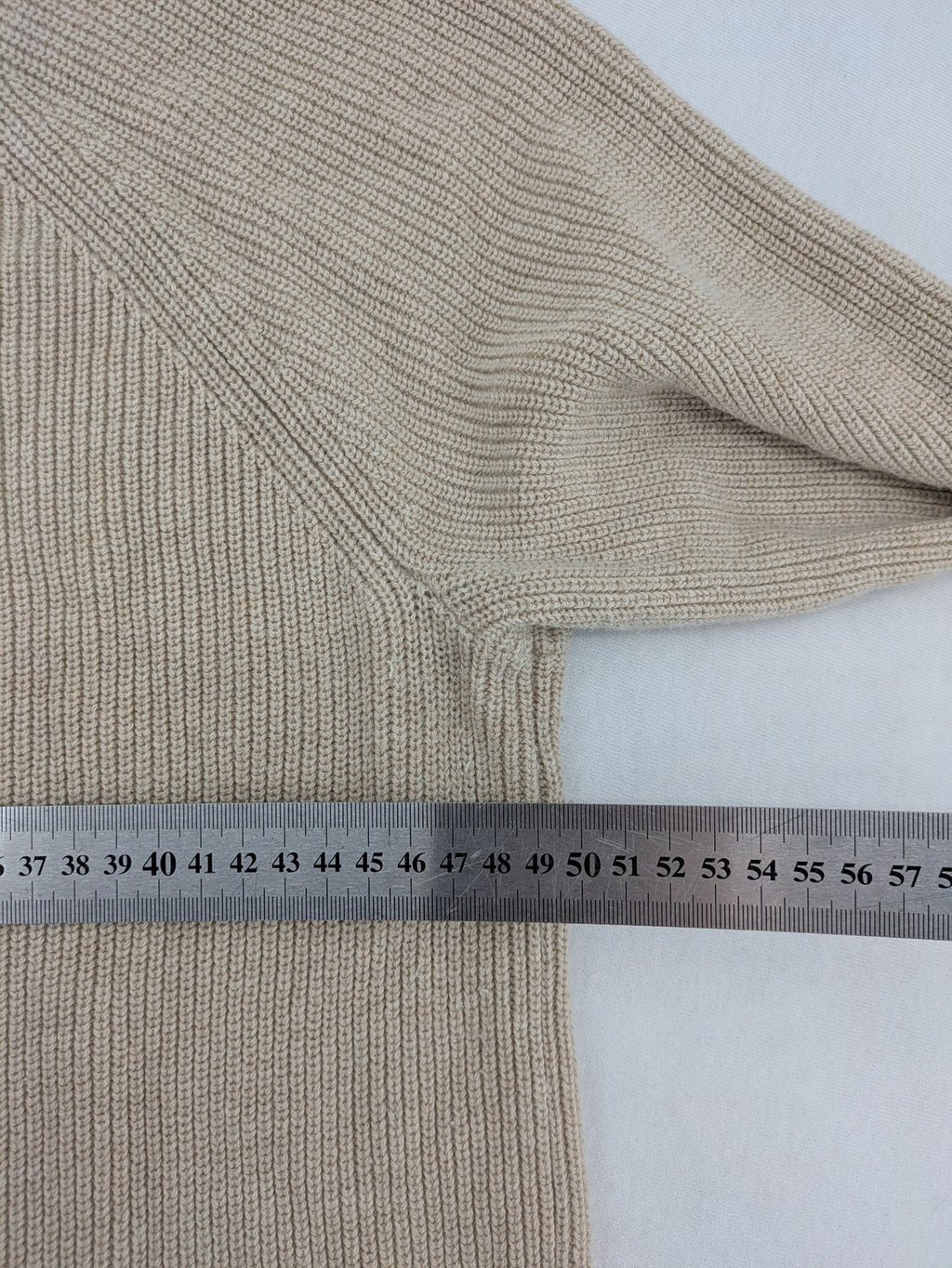 s.Oliver beige turtle neck jumper with V-neck, ribbed texture, and raglan sleeves