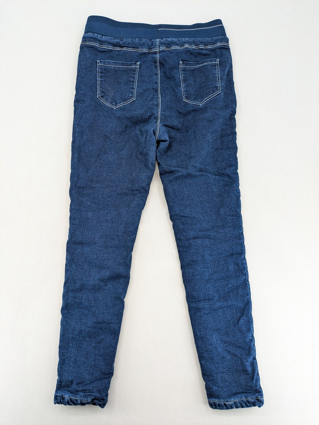 Valentine Meinn blue straight jeans with elastic waistband and soft lining, classic denim look.