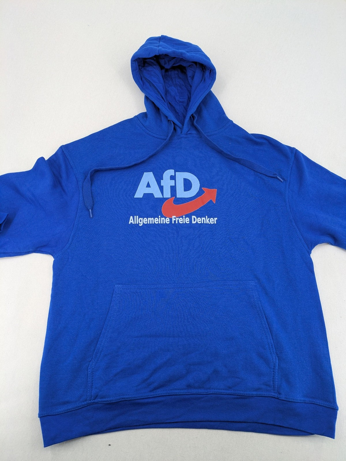 AFD blue pullover hoodie with "AfD Allgemeine Freie Denker" graphic and adjustable drawstring hood.