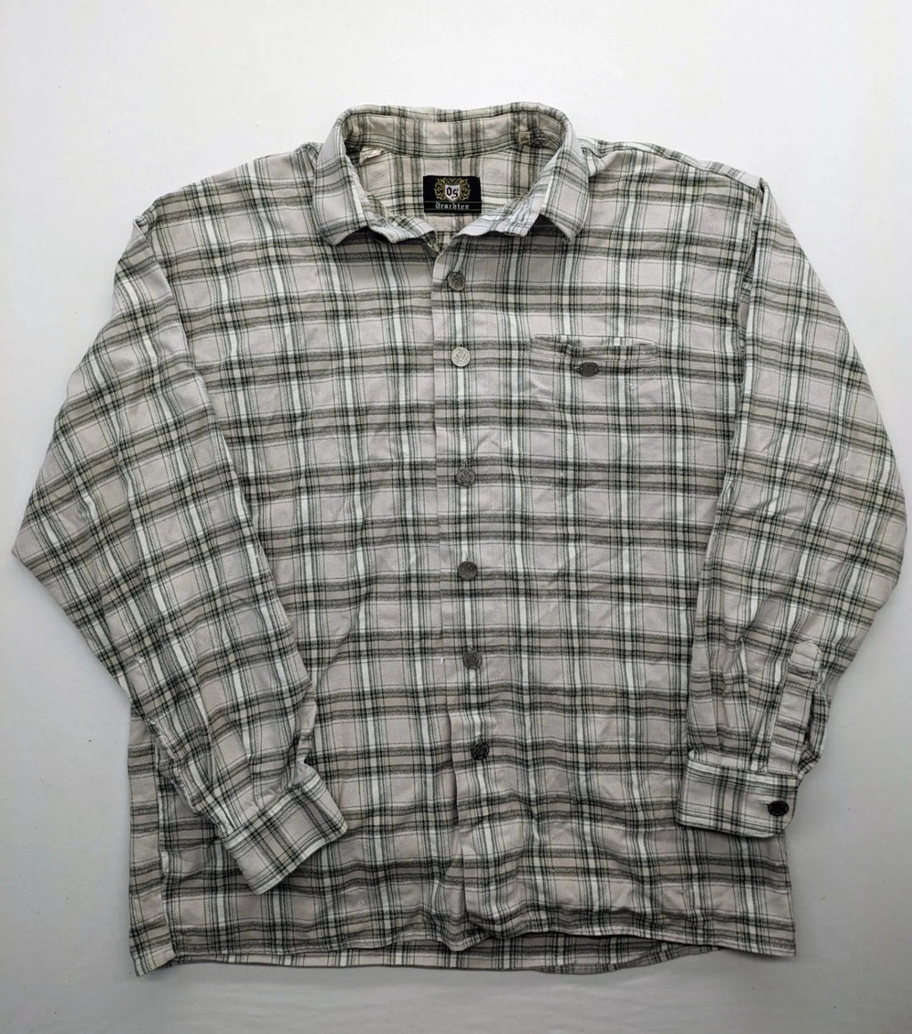OS Trachten beige green checkered long sleeve shirt with button-up front and chest pocket.