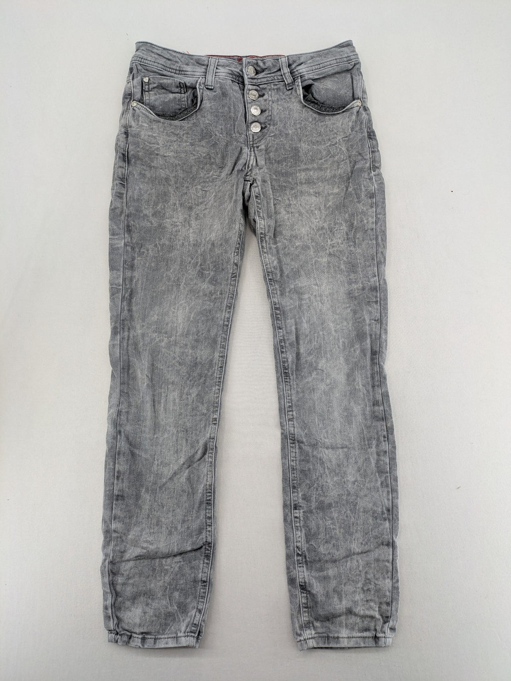 Street One grey straight jeans with button fly, used look, slim fit, cotton blend.