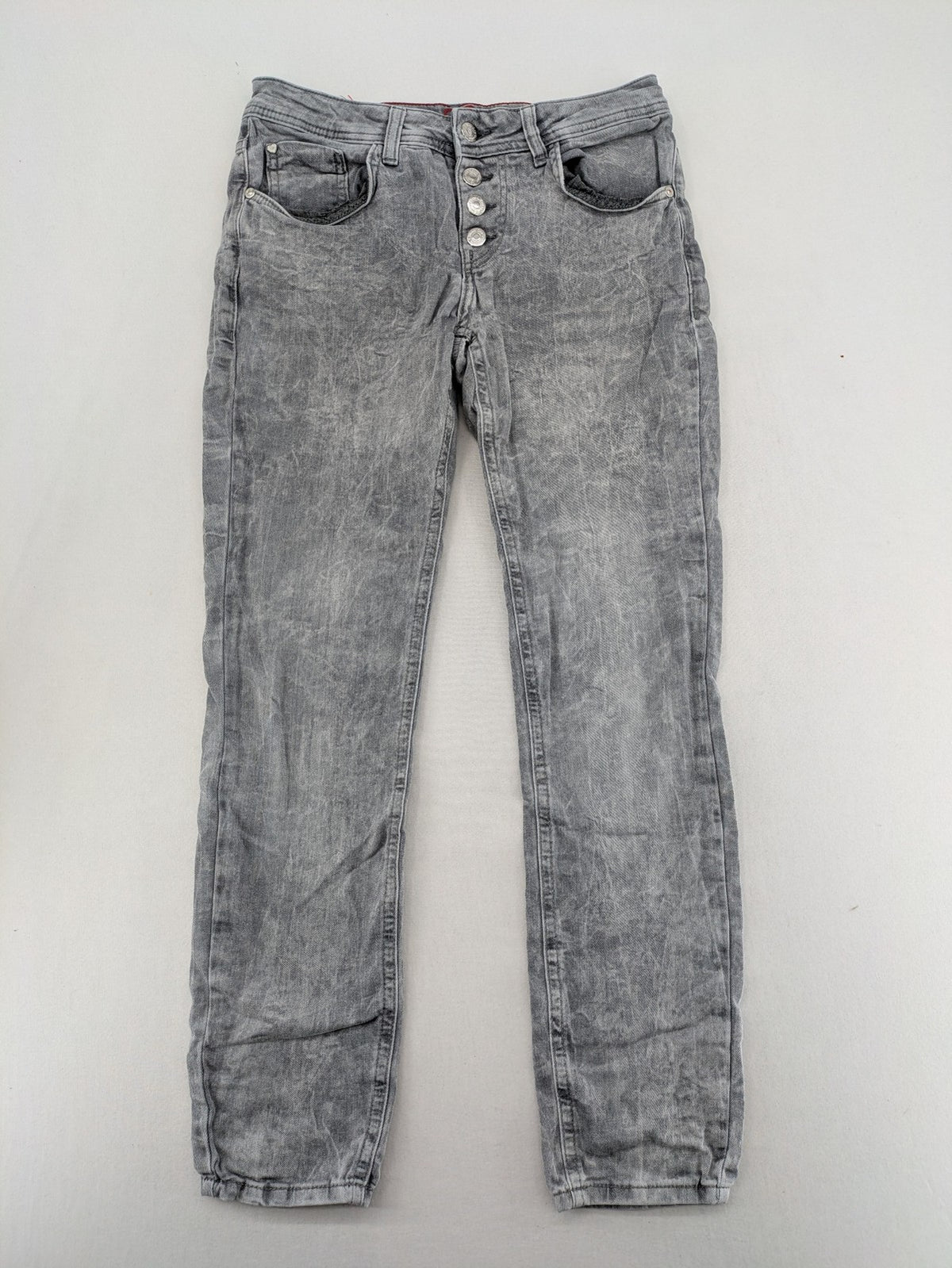 Street One grey straight jeans with button fly, used look, slim fit, cotton blend.