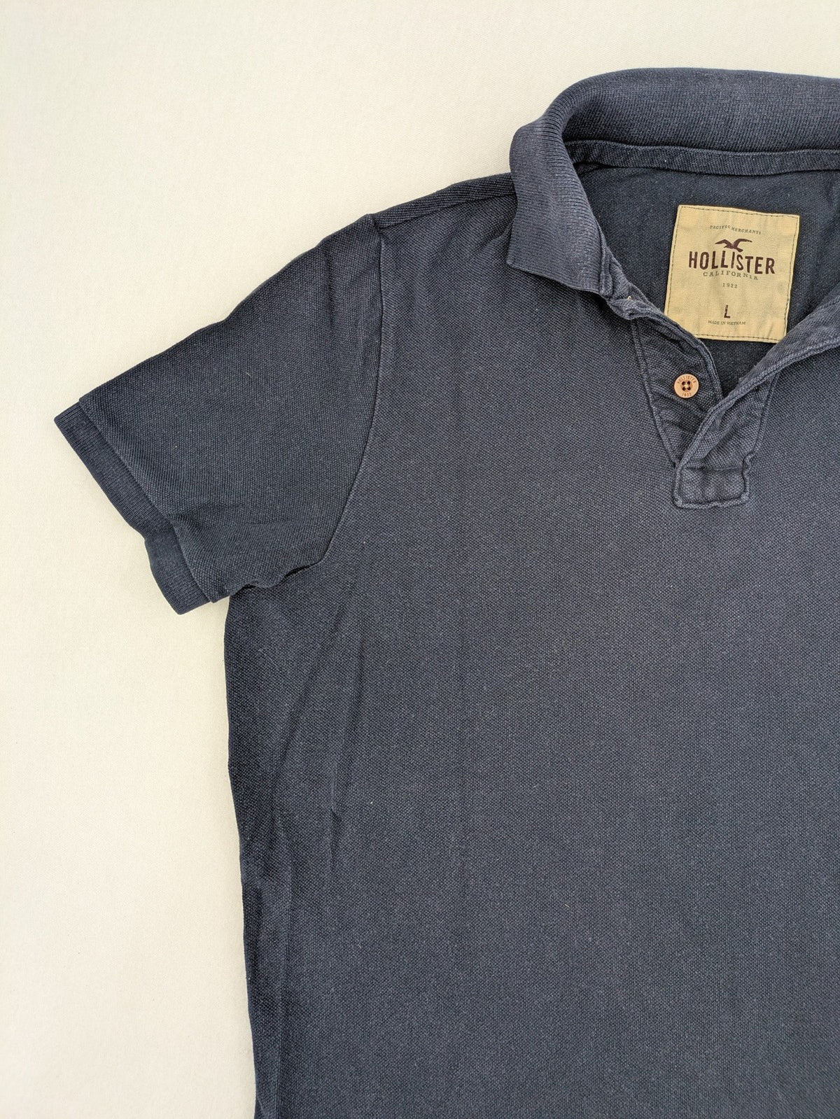 Hollister navy polo shirt with embroidered seagull logo and classic collar.