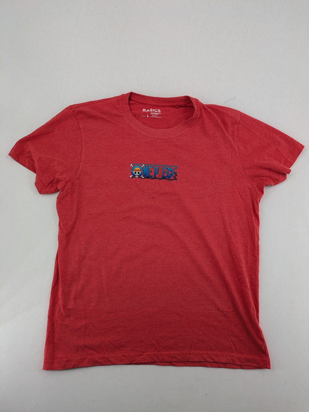 One Piece band t-shirt red melange with prominent logo graphic on chest.