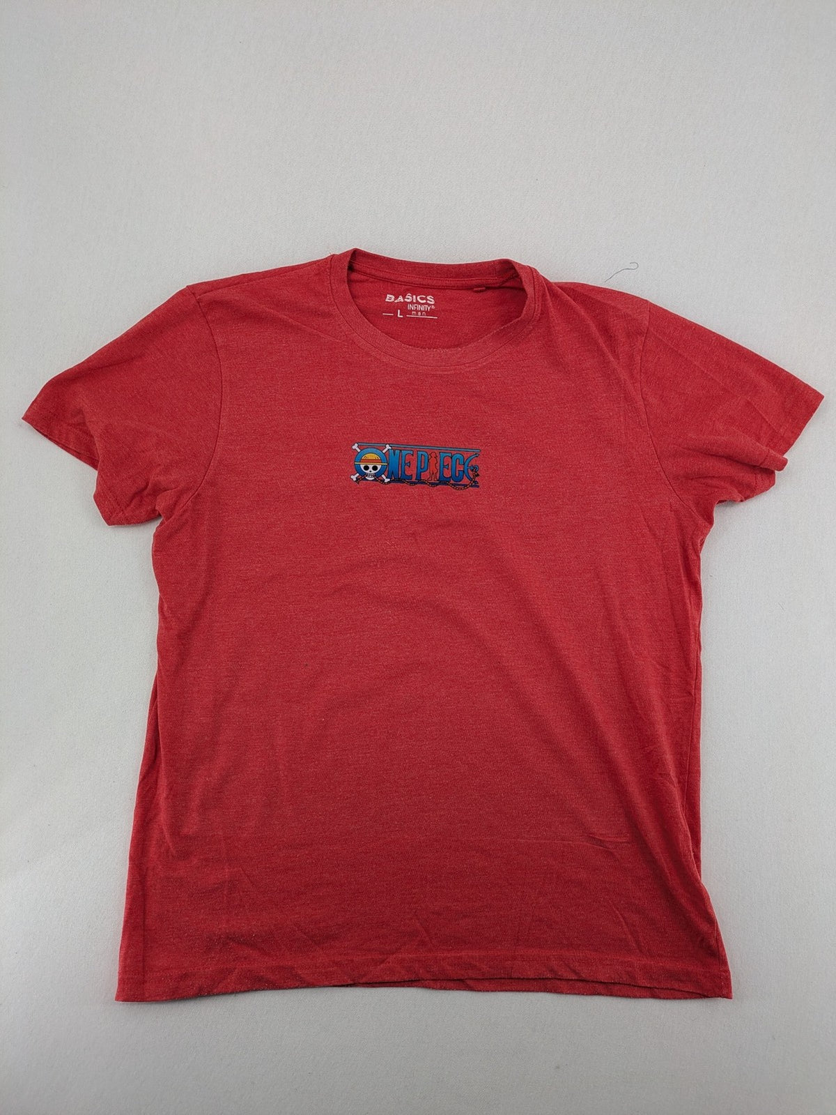 One Piece band t-shirt red melange with prominent logo graphic on chest.