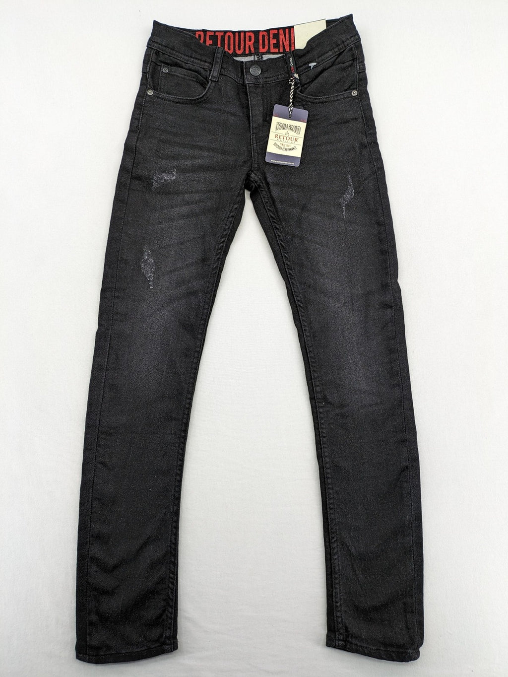 Skinny black straight jeans with distressed details and logo, made from durable denim.