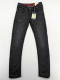 Skinny black straight jeans with distressed details and logo, made from durable denim.