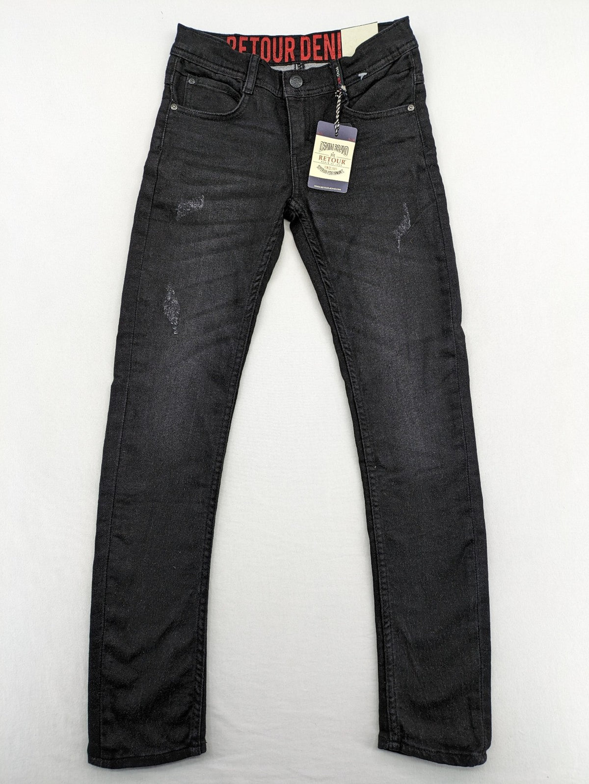 Skinny black straight jeans with distressed details and logo, made from durable denim.