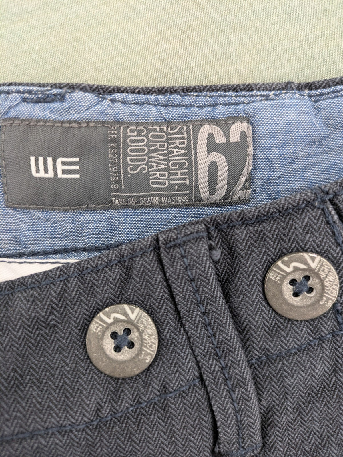 WE grey straight leg chinos 100% cotton button fly with unique brand buttons