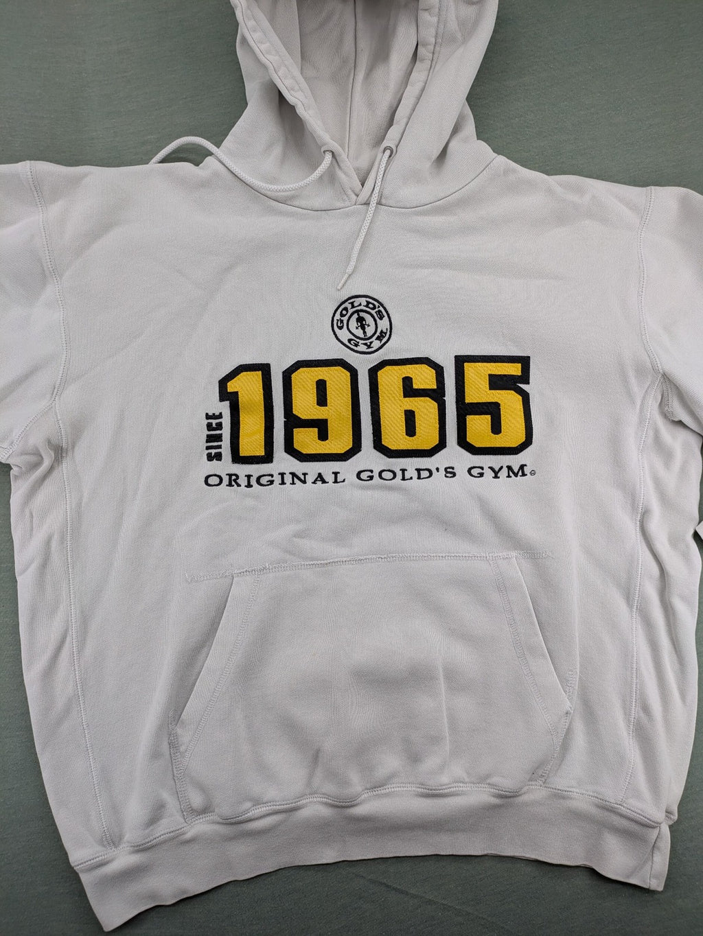 Gold's Gym grey hoodie with embroidered "Since 1965" logo and kangaroo pocket.