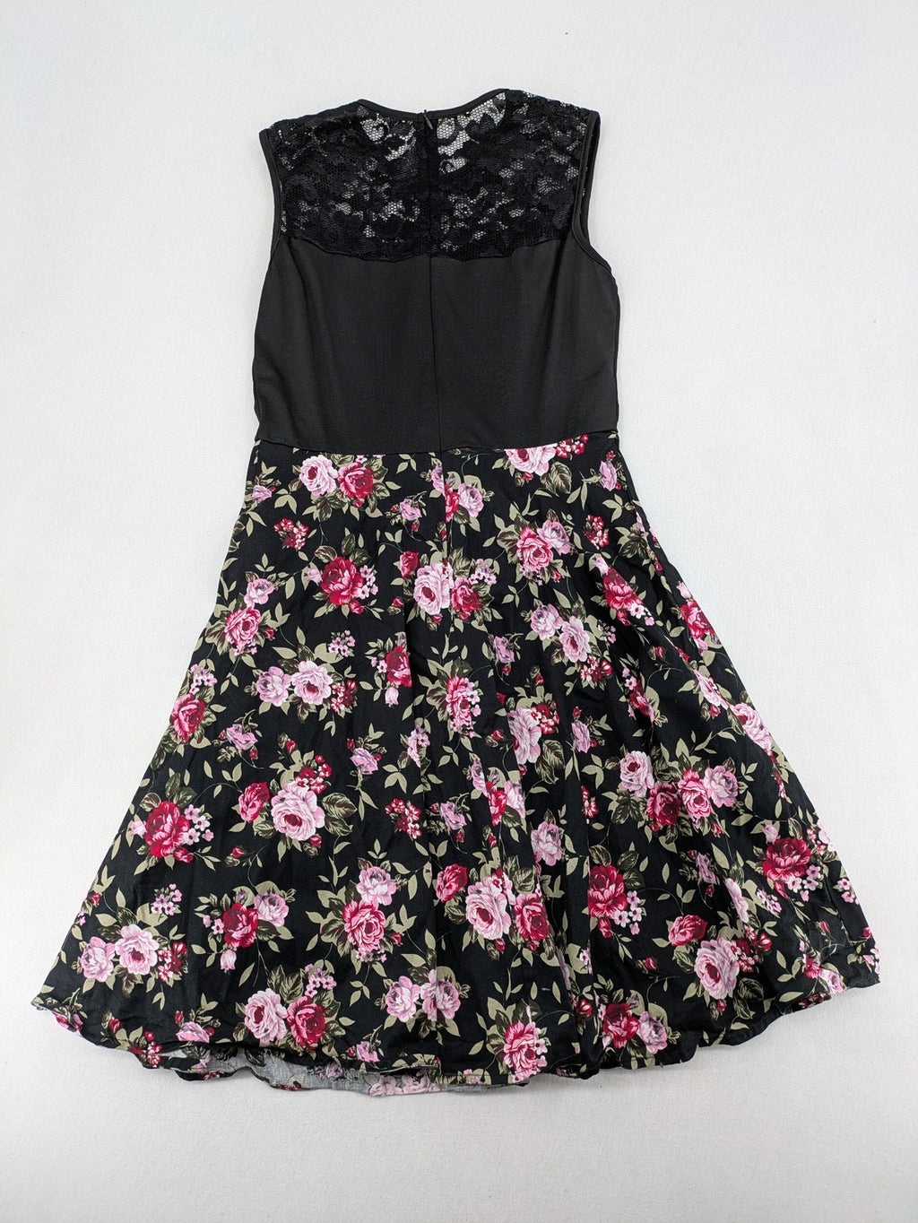 M/L black A-line dress with floral skirt and lace trim details.