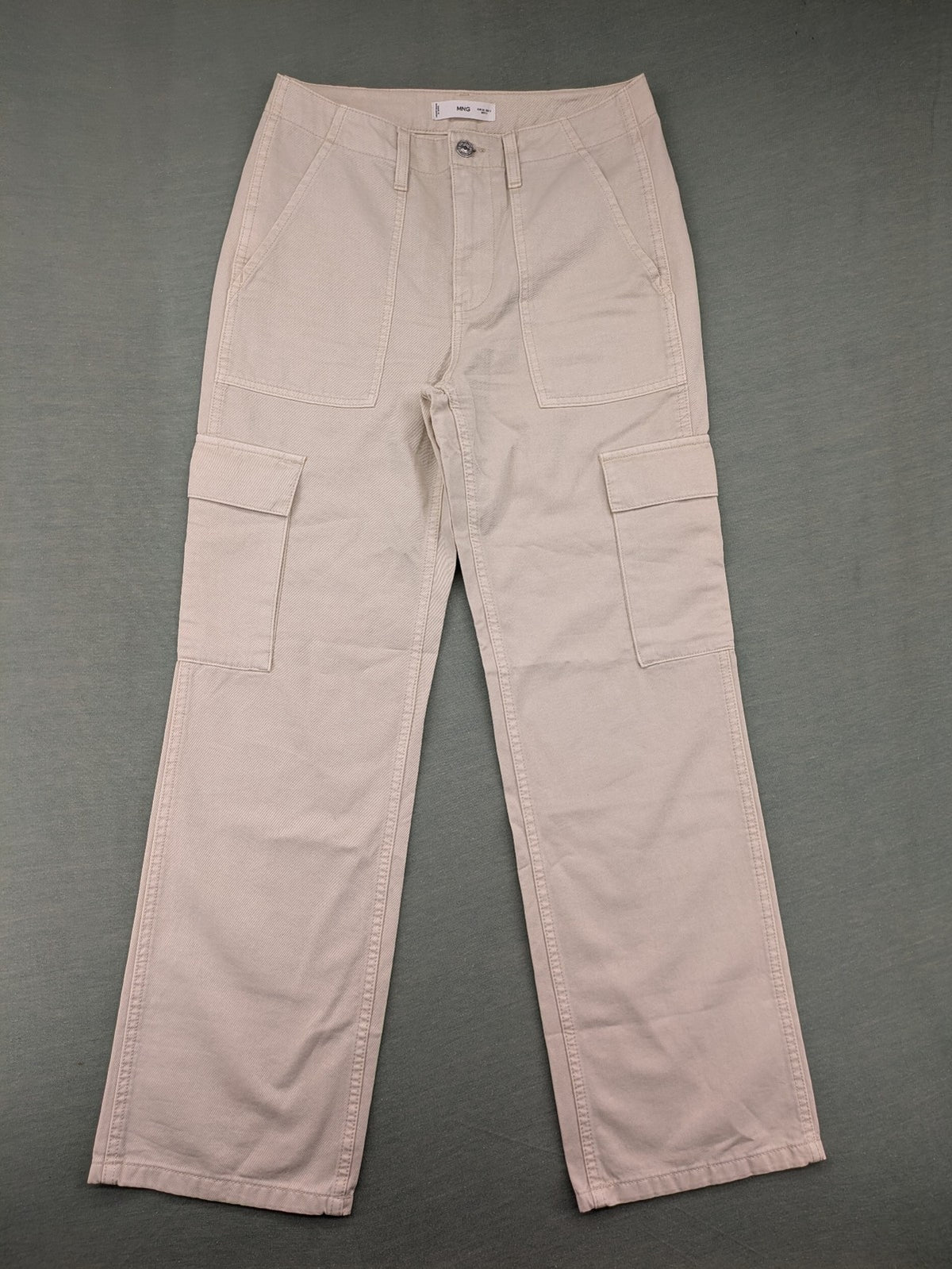 MNG beige cargo pants with straight leg, button closure, and patch pockets.