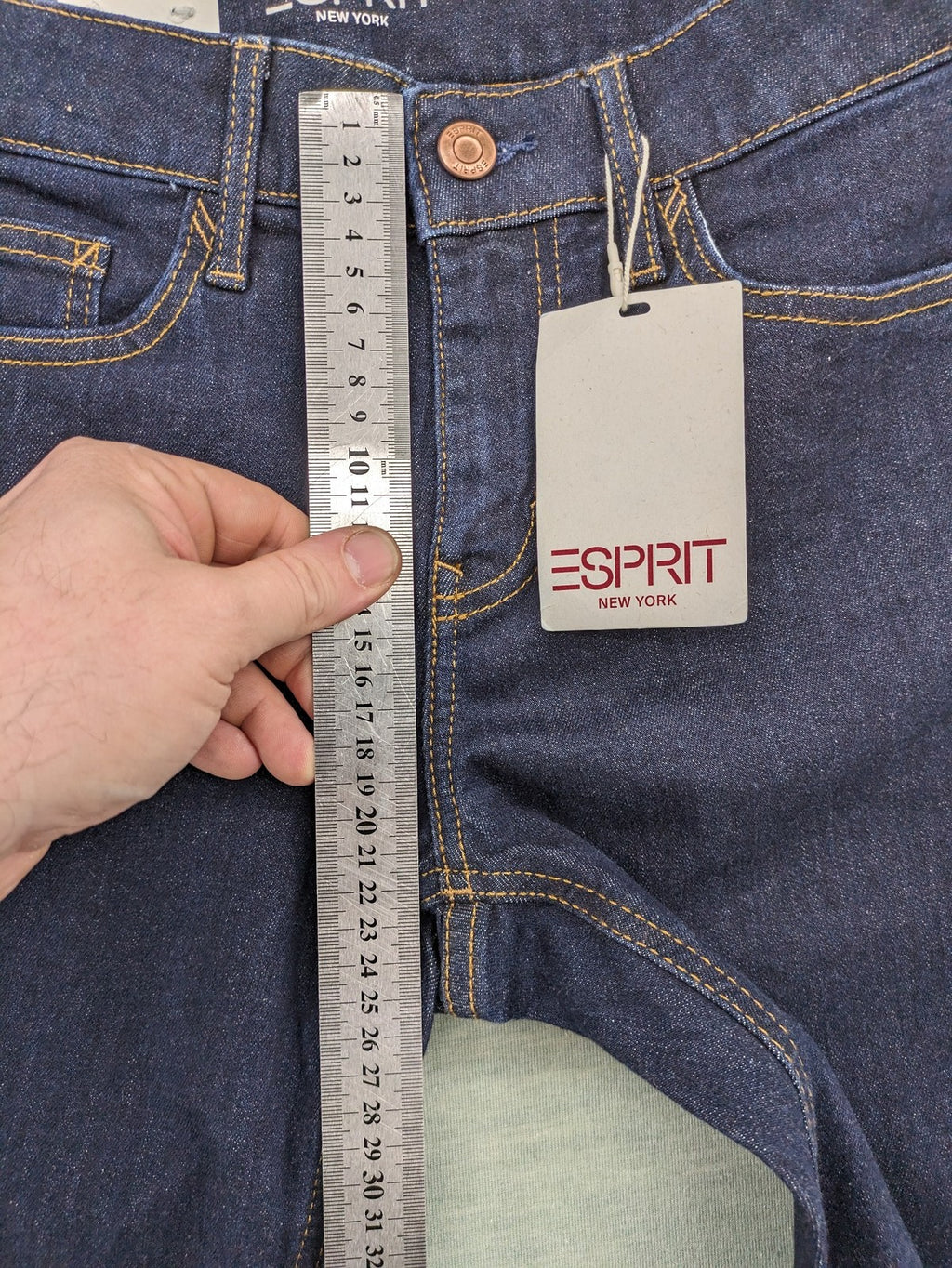 Esprit navy straight jeans with five-pocket style and yellow contrast stitching.