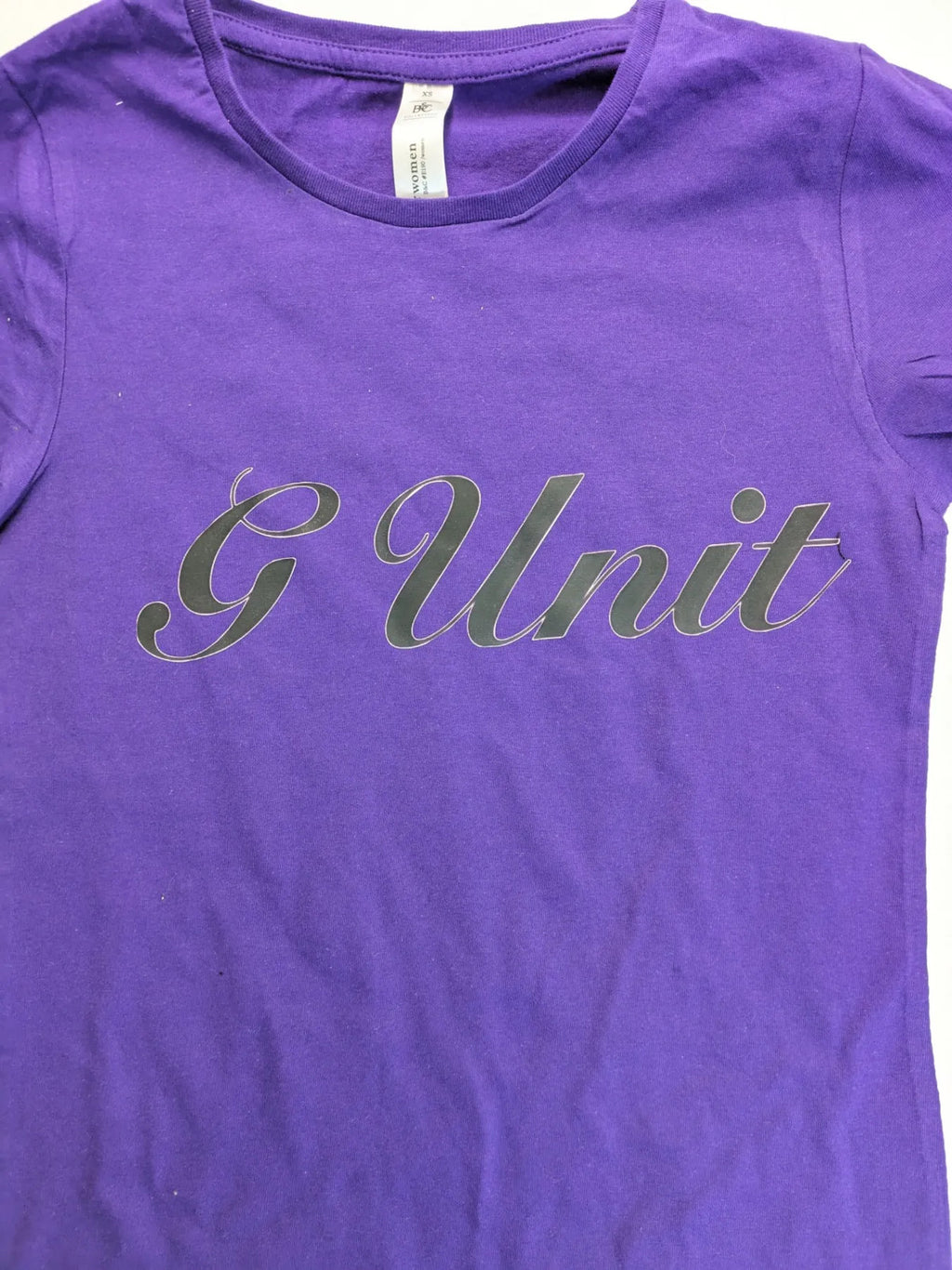G-Unit gold and purple graphic T-shirt with raised black logo print.