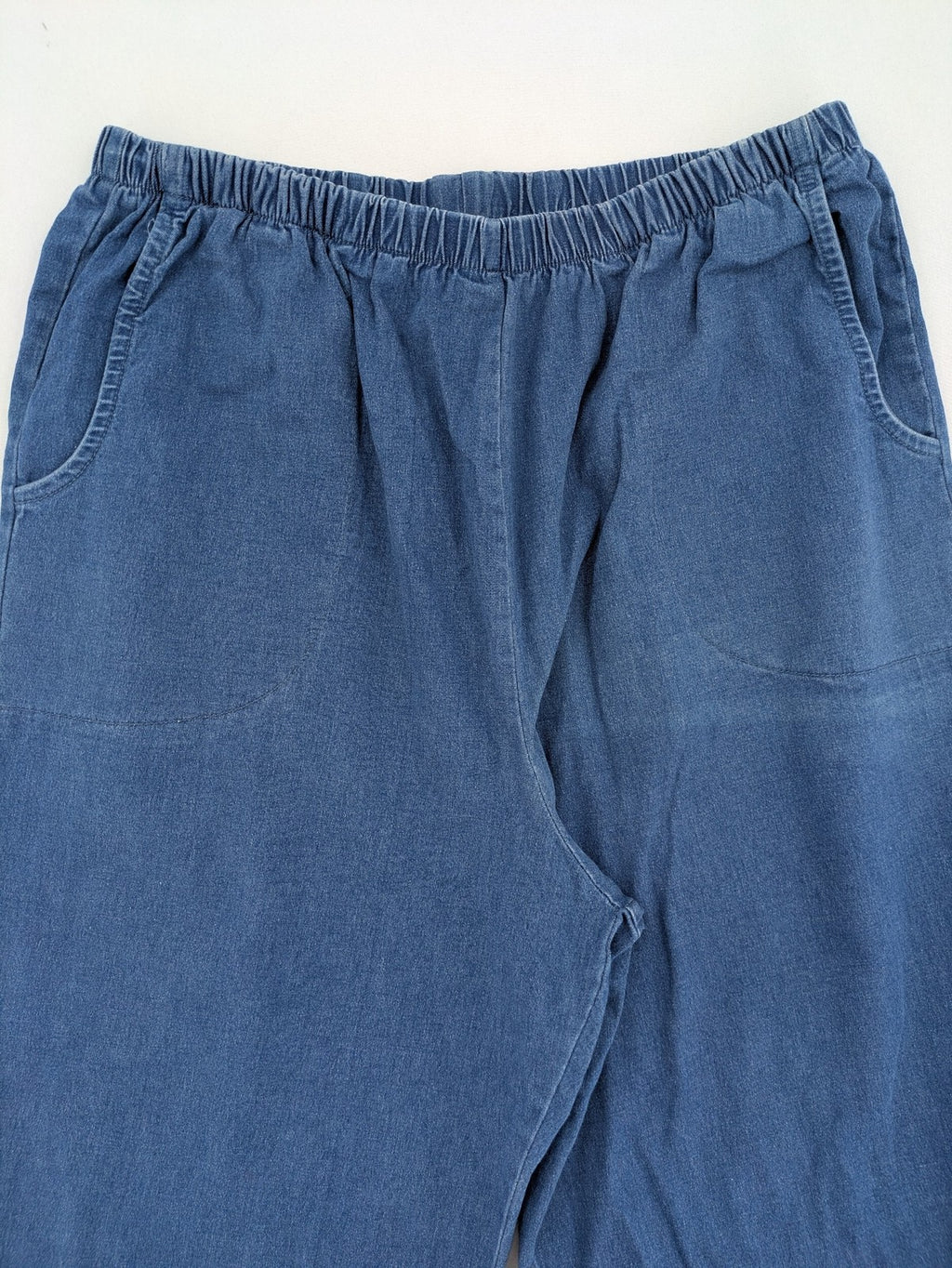 Denim & Co. blue capri pants with elastic waistband and side pockets, cotton blend.