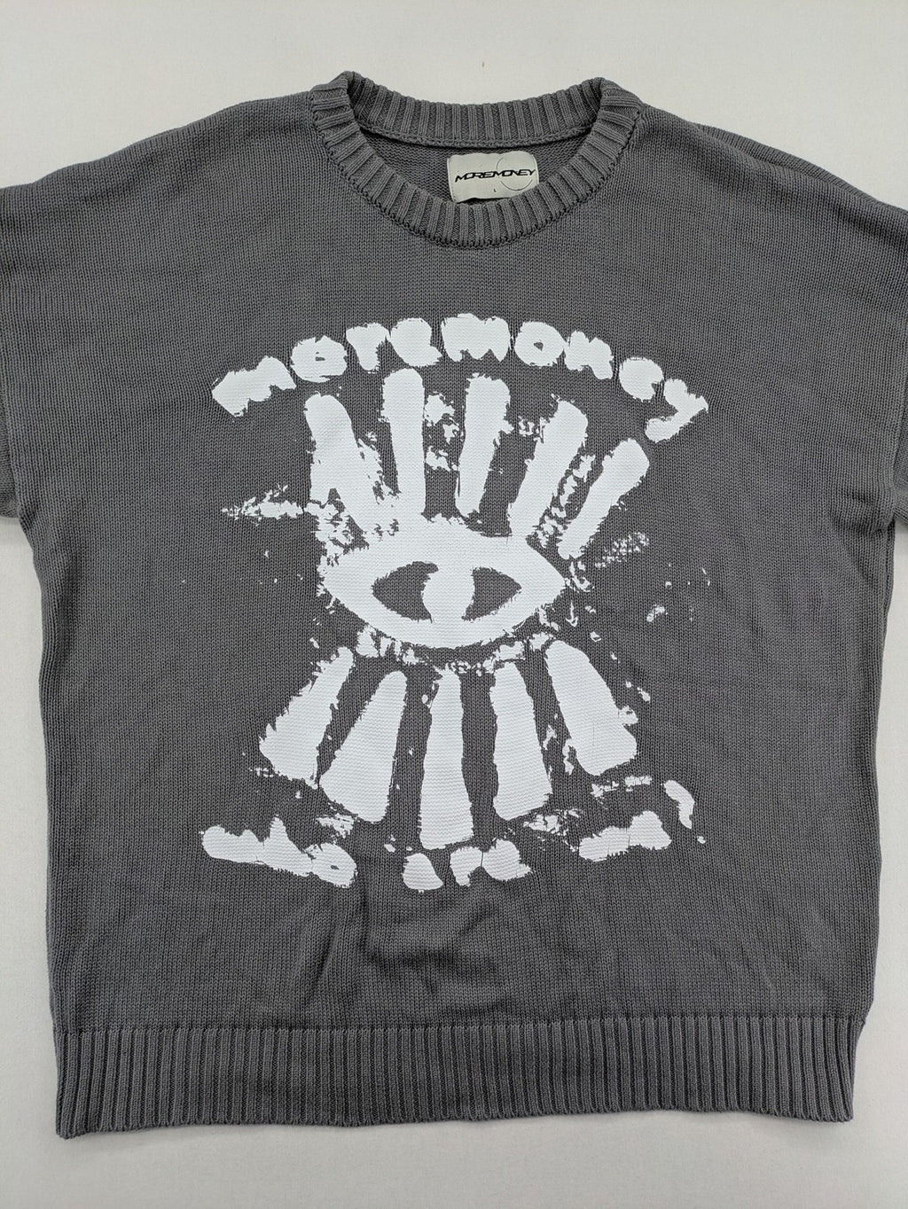 MOREMONEY grey turtle neck jumper with white abstract graphic print and relaxed fit.