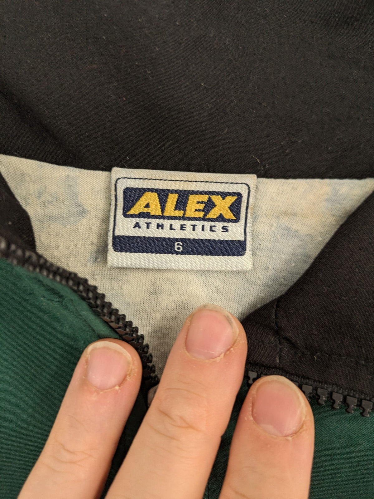 Alex Athletics multi jacket vintage colorblock design with zip, stand collar, and elastic cuffs.