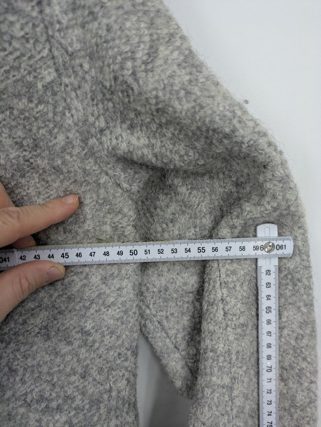 C&A grey jacket wool blend with hood, full zip, modern design, zip pockets.