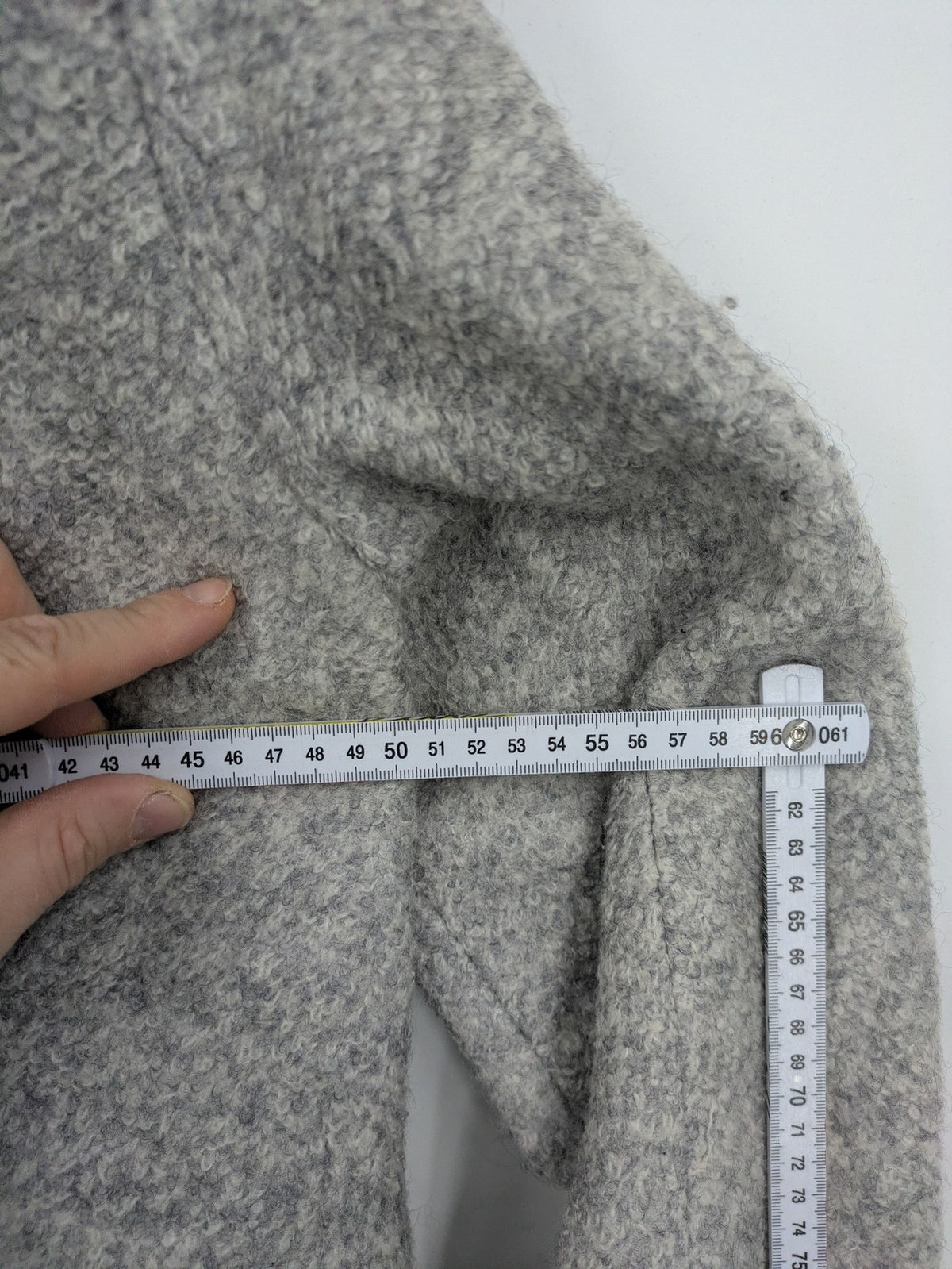 C&A grey jacket wool blend with hood, full zip, modern design, zip pockets.